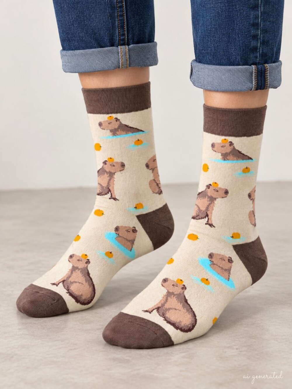 Capybara Novelty Crew Socks Cream Brown Women’s One Size OS